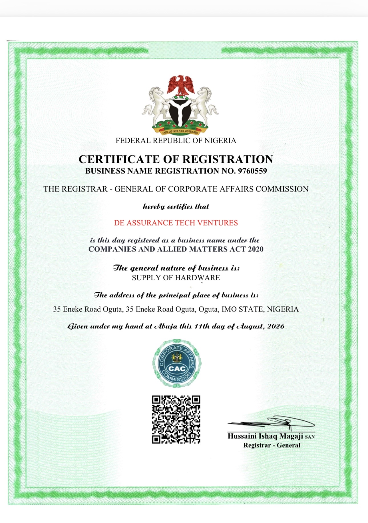 Certificate of Registration for DE ASSURANCE TECH VENTURES